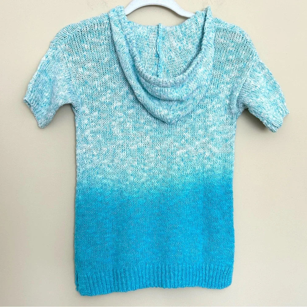 Justice Girl’s Ombre Aqua Blue & White Knit V-Neck Short Sleeve Sweater Hoodie